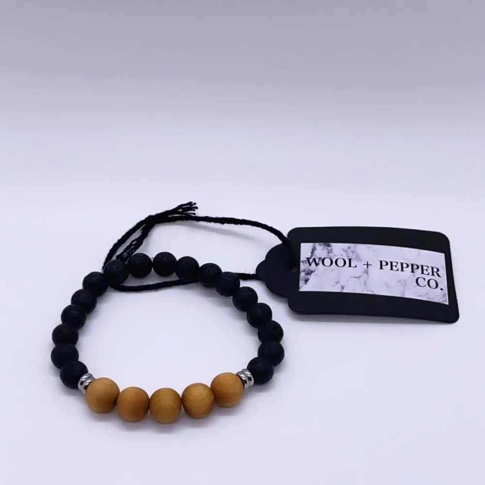 NWT Wool + Pepper Co. Mens Moon Rocks, Wood, Sterling Silver Bracelet